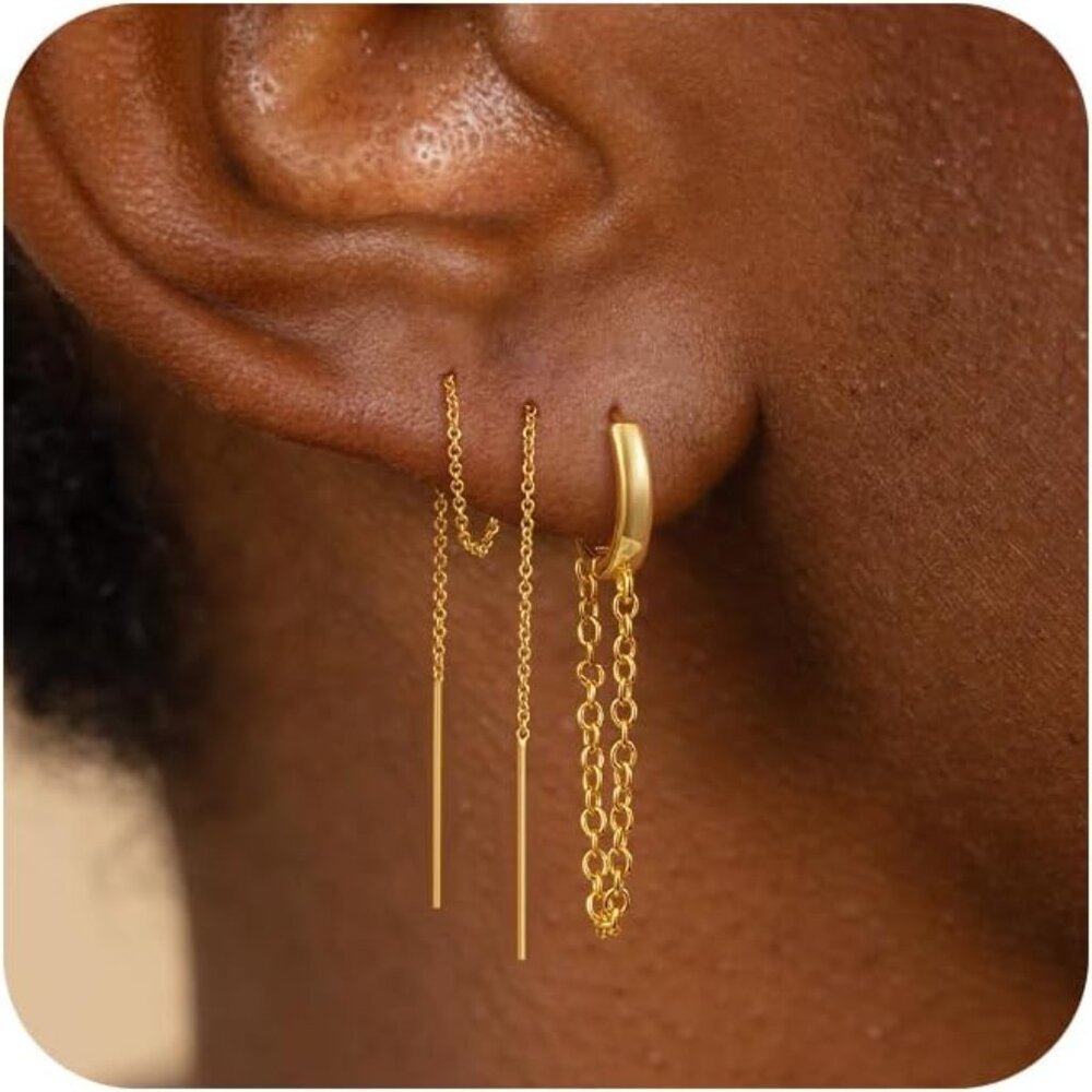 💫 Women Gold Trendy Dangle Earrings 14K Dainty Threader Double Piercing Jewelry